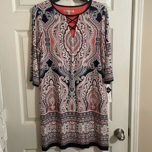 Sandra Darren, Navy and Corral 3/4 sleeve dress. Size 12